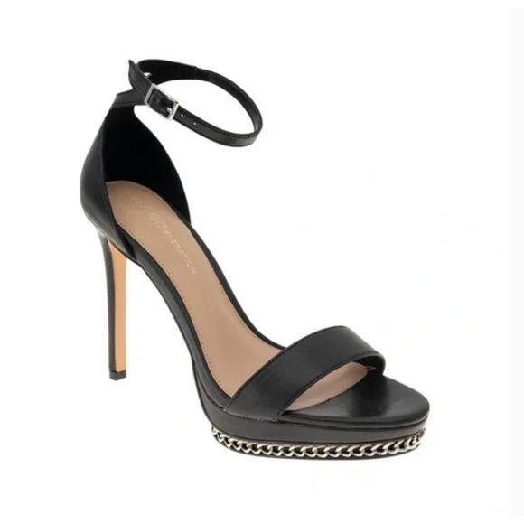 BCBGeneration Noelli Chain Platform Sandals 7 Black NWOT Heels Pumps Ankle Strap - Picture 1 of 8